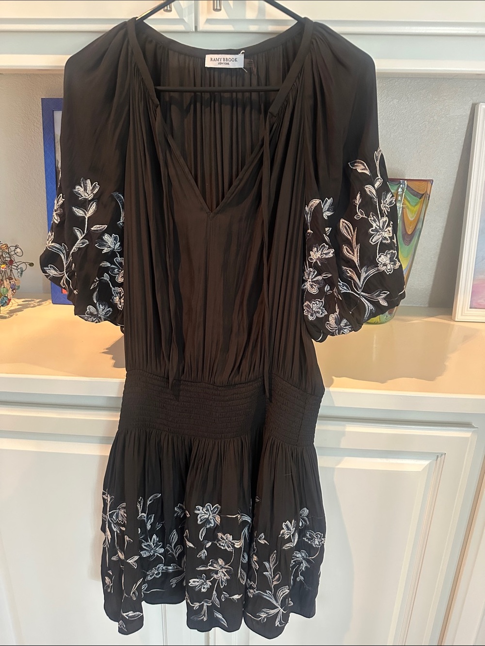 Ramy Brook Keanu  floral black with white embroidered dress size large